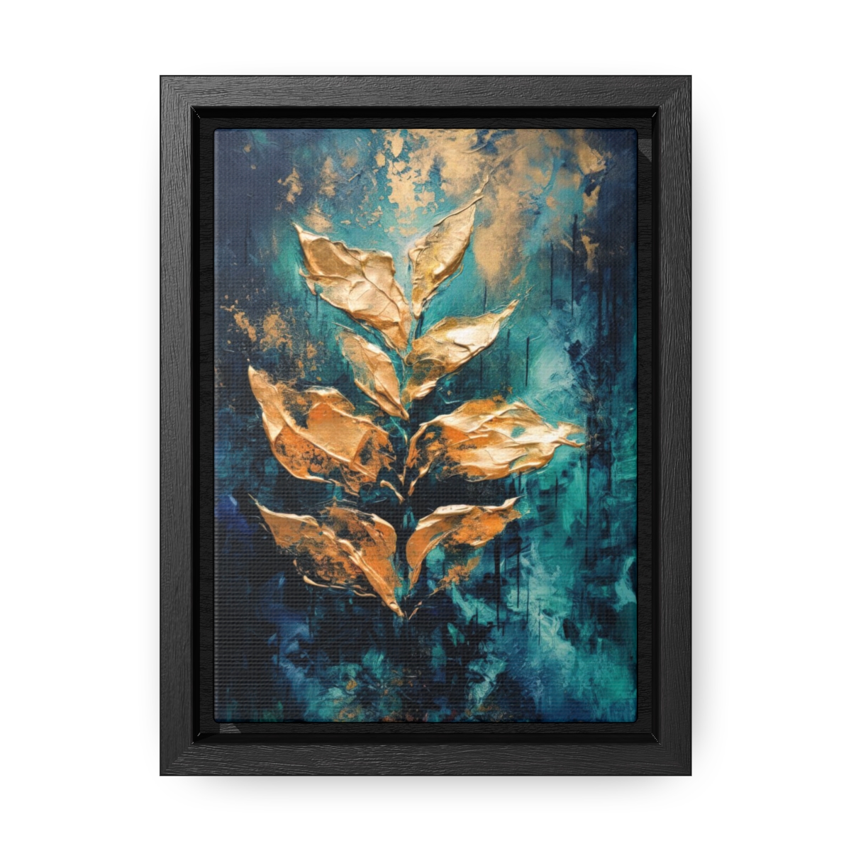 Abstract Gold Textured Leaves Print, Emerald Green Moody Botanical Style | Framed Gallery Wrapped Canvas