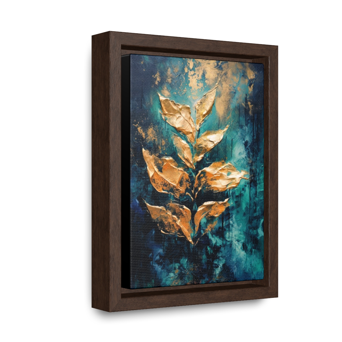 Abstract Gold Textured Leaves Print, Emerald Green Moody Botanical Style | Framed Gallery Wrapped Canvas