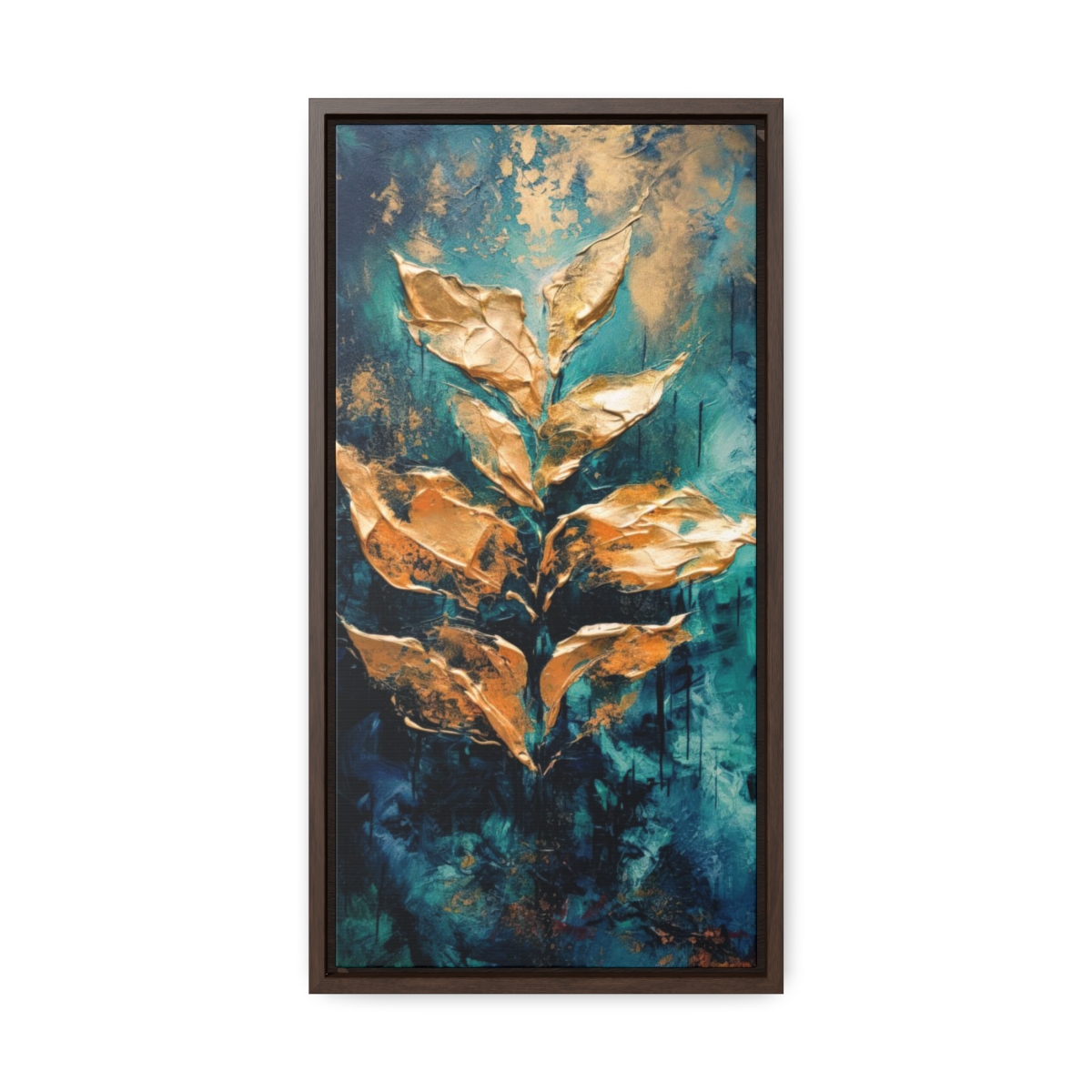 Abstract Gold Textured Leaves Print, Emerald Green Moody Botanical Style | Framed Gallery Wrapped Canvas
