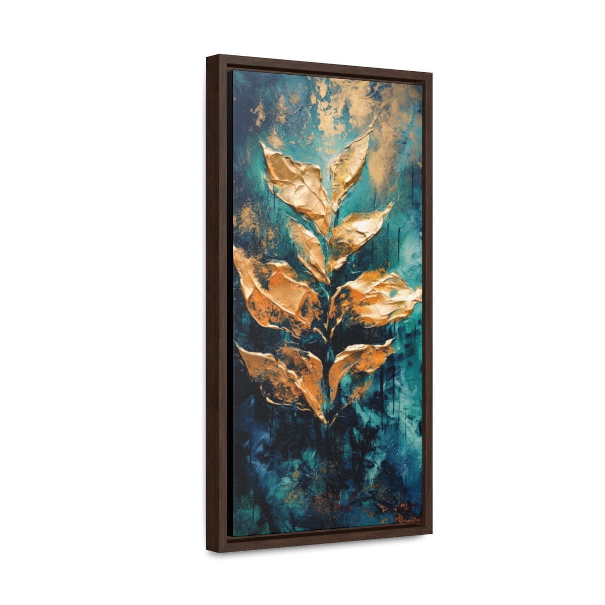Abstract Gold Textured Leaves Print, Emerald Green Moody Botanical Style | Framed Gallery Wrapped Canvas