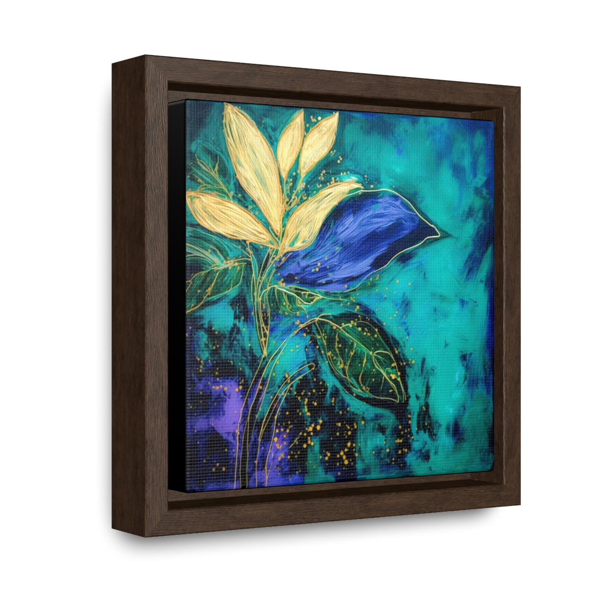 Emerald Green & Purple Abstract Botanical Painting, Heavy Acrylic Texture, Abstract Golden Leaves, Dark and Moody, Framed Gallery Canvas Wraps