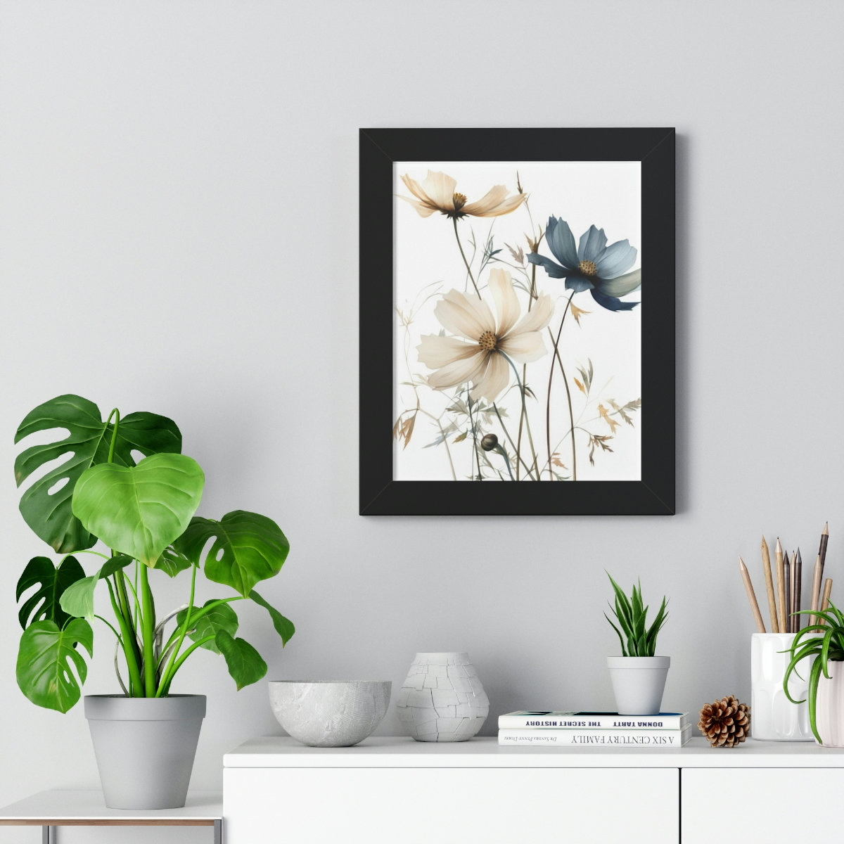 Wild Flower Framed Print | Flowermarket Watercolor Neutral Subdued Botanical Wall Art | Artful Dainty Wild Cosmos Flowers
