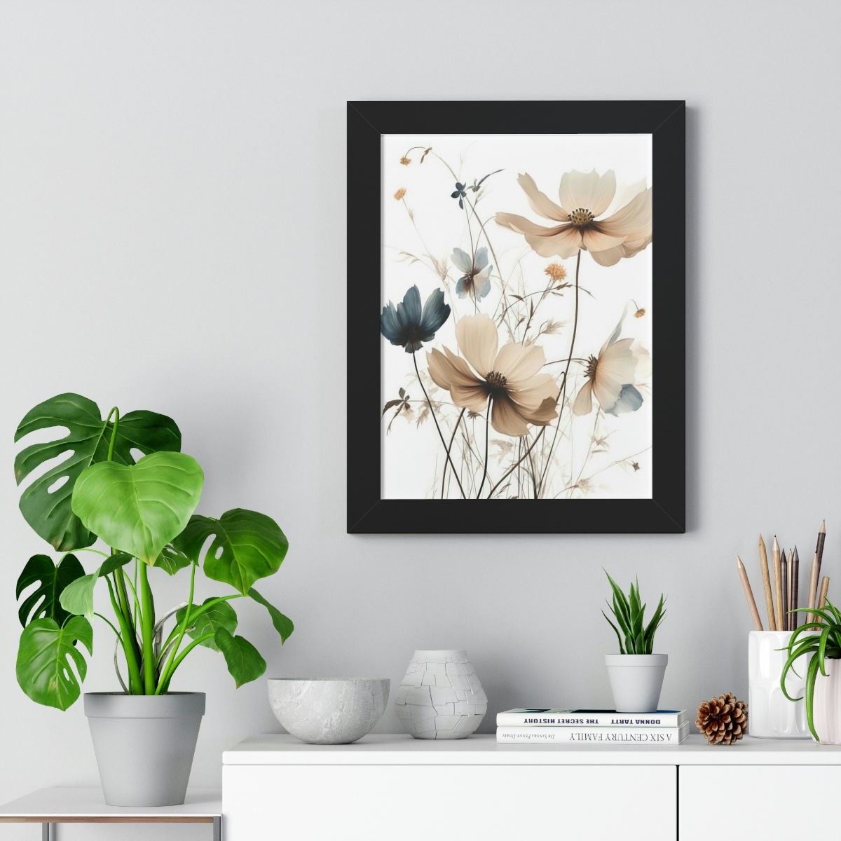 Wild Flower Framed Print | Flowermarket Watercolor Neutral Subdued Botanical Wall Art | Artful Dainty Wild Cosmos Flowers
