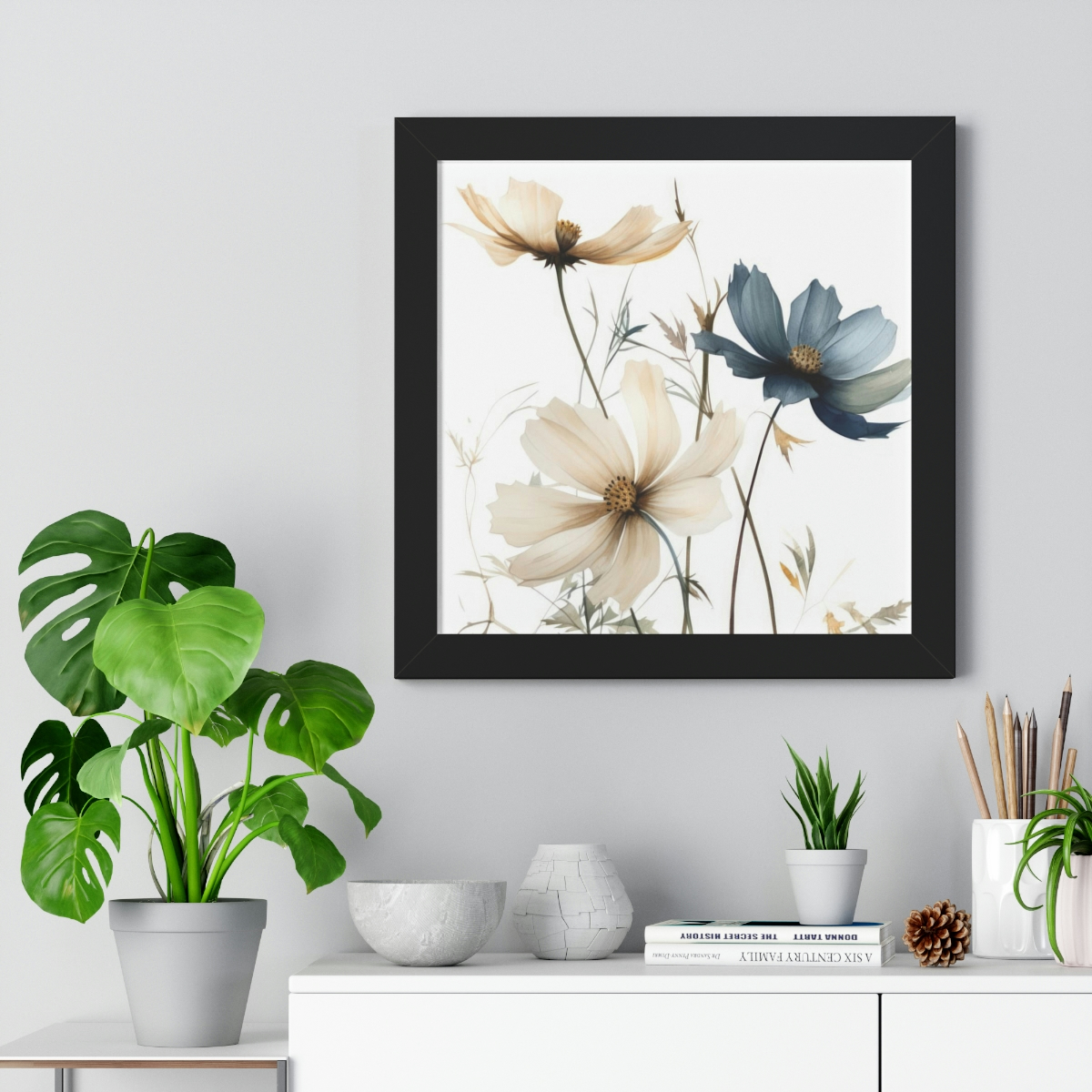 Wild Flower Framed Print | Flowermarket Watercolor Neutral Subdued Botanical Wall Art | Artful Dainty Wild Cosmos Flowers