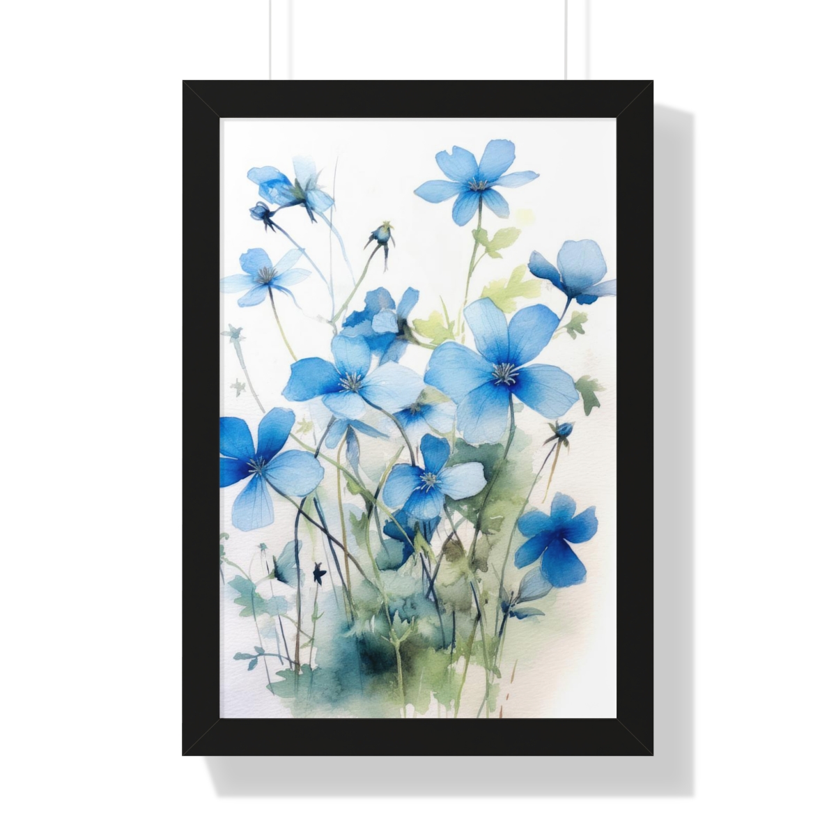 Blue Botanical Wild Flower Wall Art, Watercolor Print, Isolated | Framed Vertical Poster