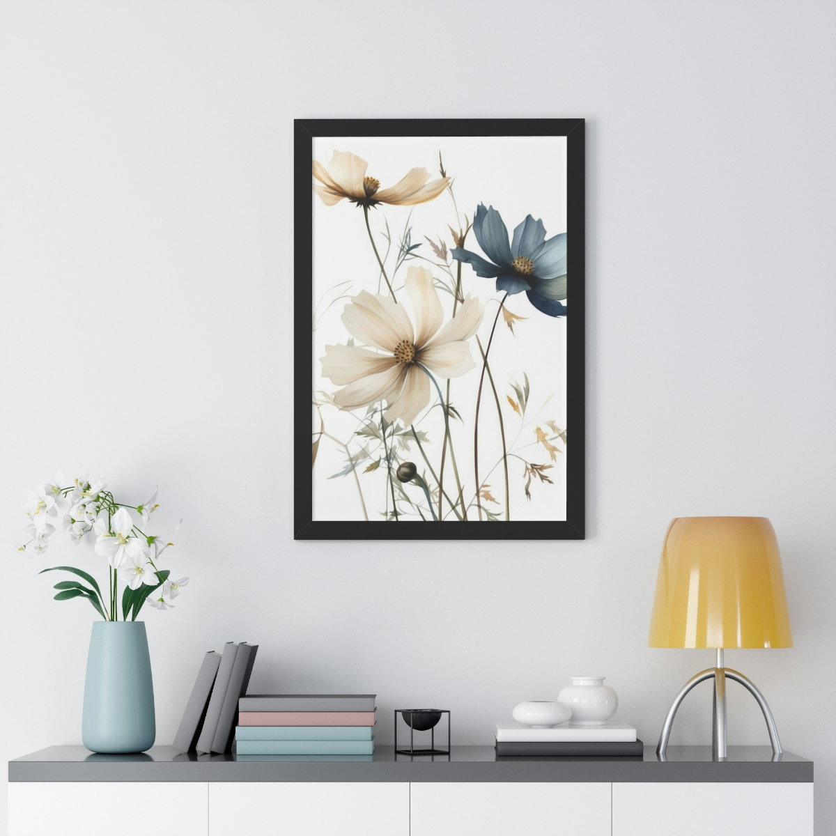 Wild Flower Framed Print | Flowermarket Watercolor Neutral Subdued Botanical Wall Art | Artful Dainty Wild Cosmos Flowers