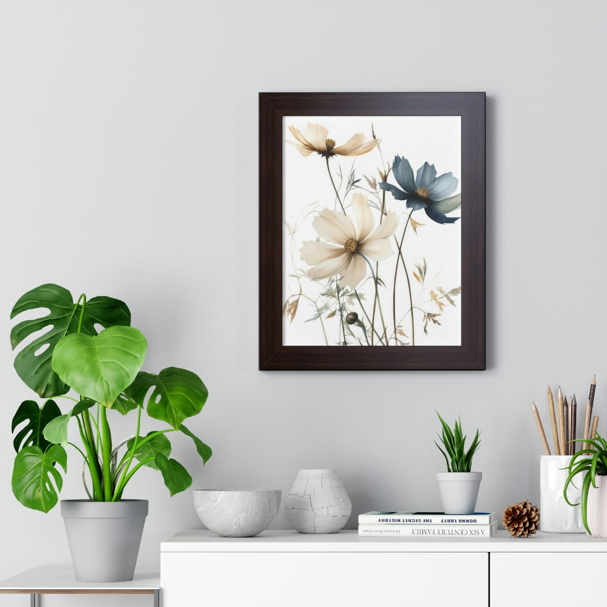 Wild Flower Framed Print | Flowermarket Watercolor Neutral Subdued Botanical Wall Art | Artful Dainty Wild Cosmos Flowers