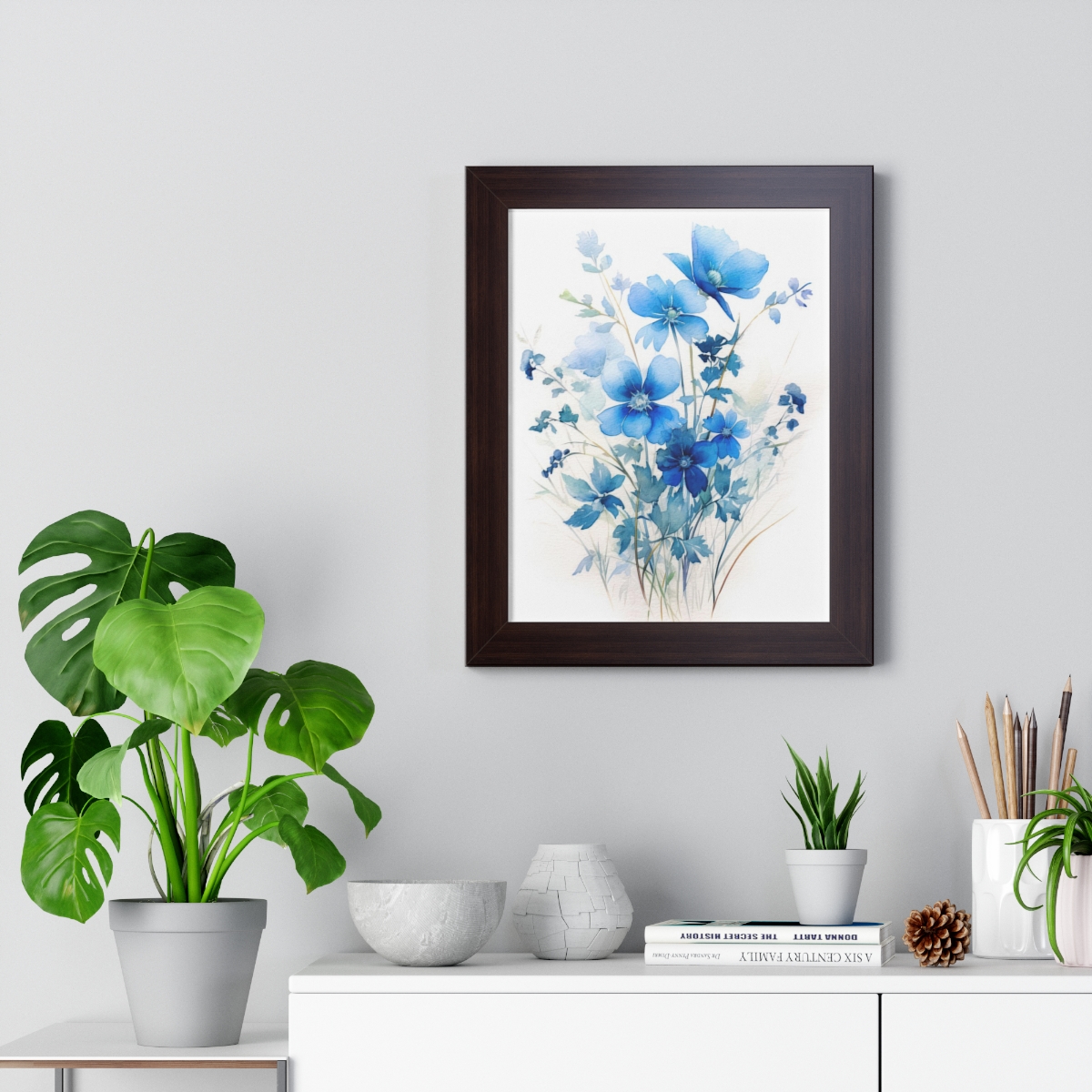 Blue Botanical Wild Flower Wall Art, Watercolor Print, Isolated | Framed Vertical Poster