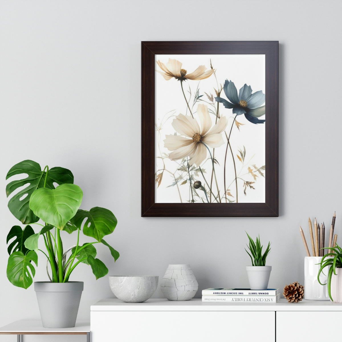 Wild Flower Framed Print | Flowermarket Watercolor Neutral Subdued Botanical Wall Art | Artful Dainty Wild Cosmos Flowers
