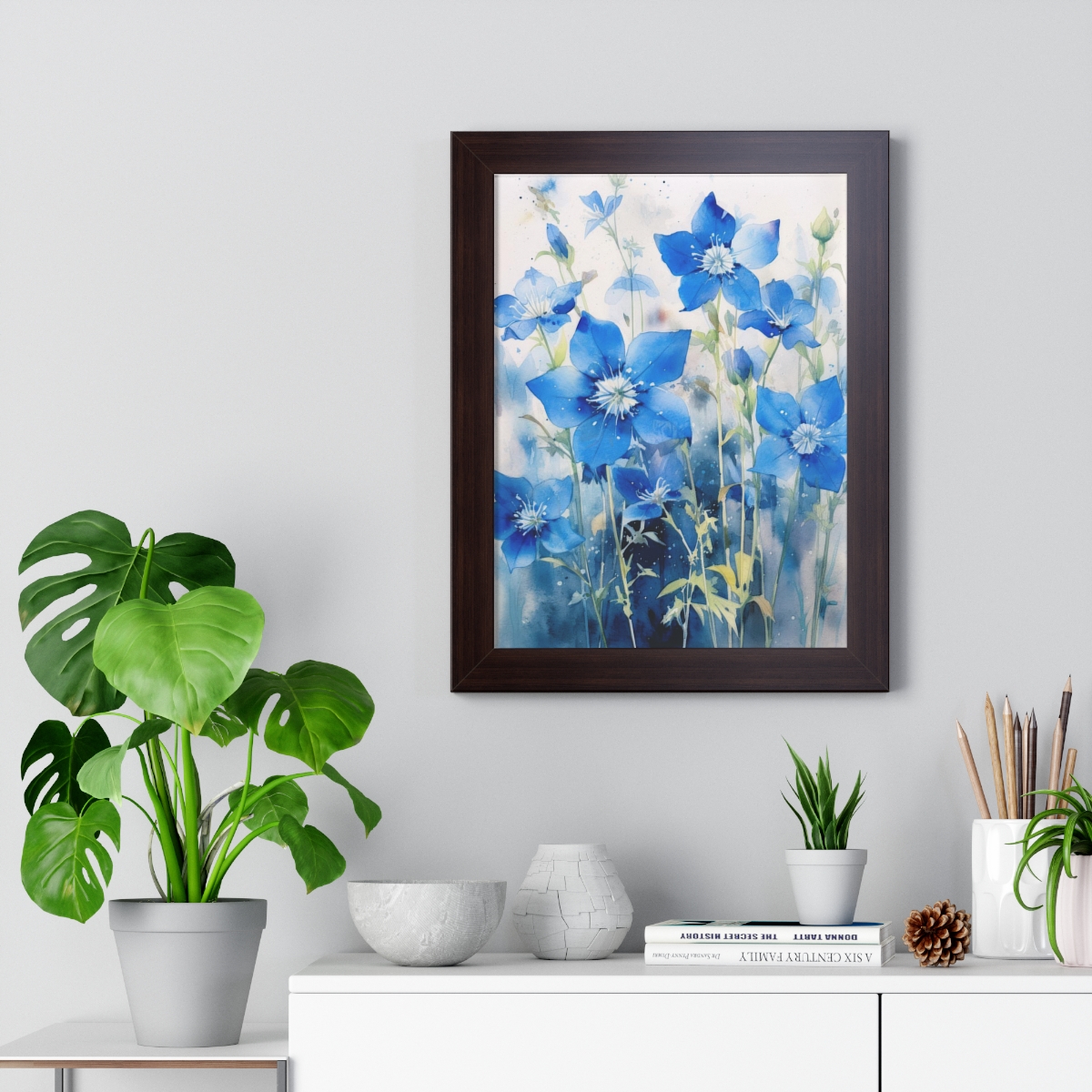 Blue Botanical Wild Flower Wall Art, Watercolor Print | Framed Vertical Poster