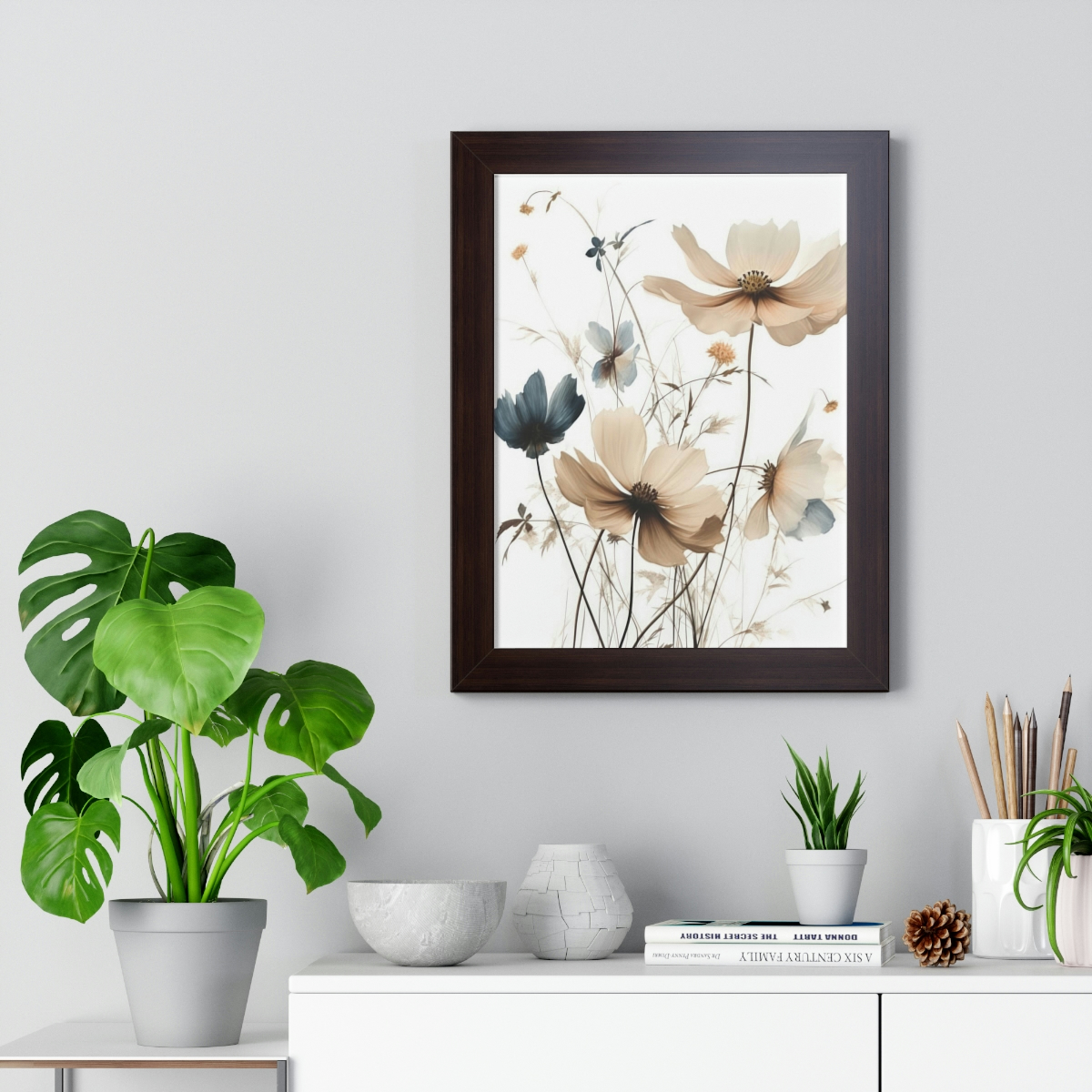 Wild Flower Framed Print | Flowermarket Watercolor Neutral Subdued Botanical Wall Art | Artful Dainty Wild Cosmos Flowers