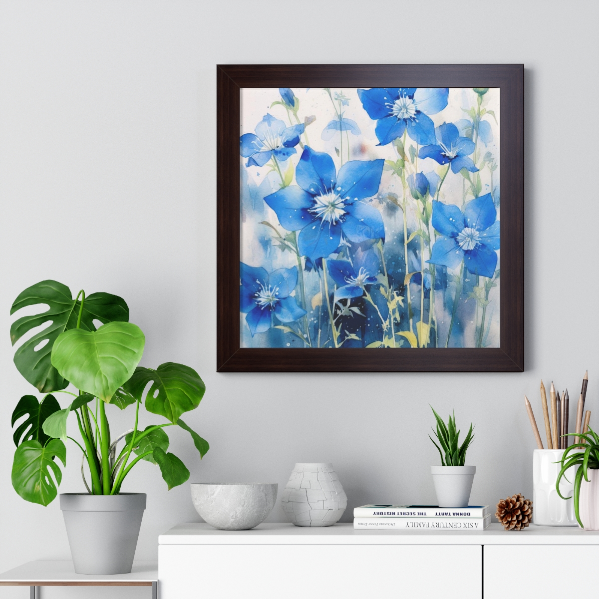 Blue Botanical Wild Flower Wall Art, Watercolor Print | Framed Vertical Poster