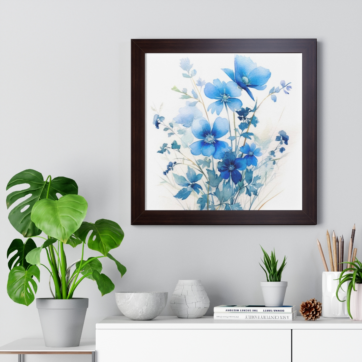 Blue Botanical Wild Flower Wall Art, Watercolor Print, Isolated | Framed Vertical Poster