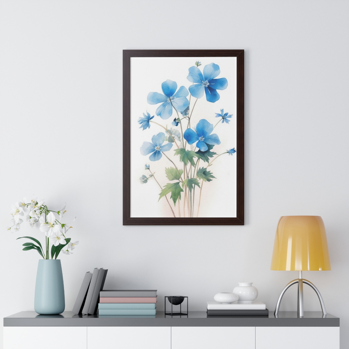 Blue Botanical Wild Flower Wall Art, Watercolor Print, Isolated | Framed Vertical Poster