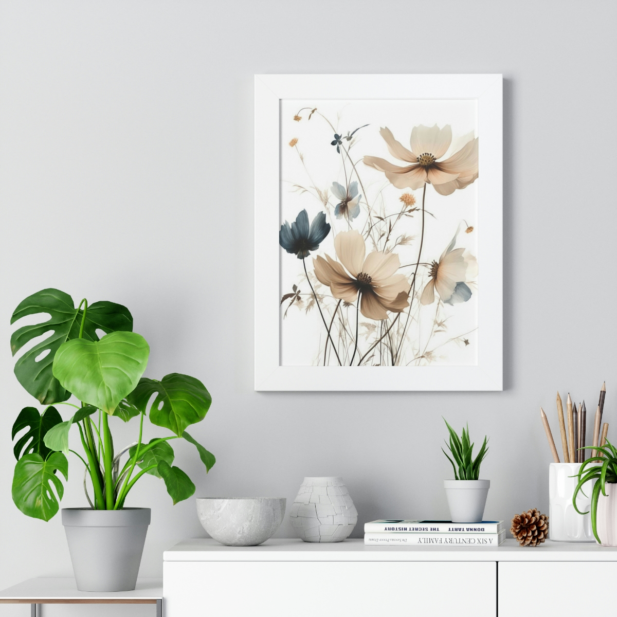 Wild Flower Framed Print | Flowermarket Watercolor Neutral Subdued Botanical Wall Art | Artful Dainty Wild Cosmos Flowers