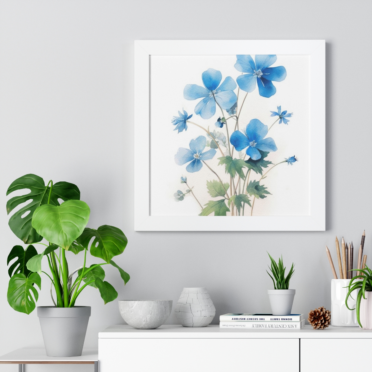 Blue Botanical Wild Flower Wall Art, Watercolor Print, Isolated | Framed Vertical Poster