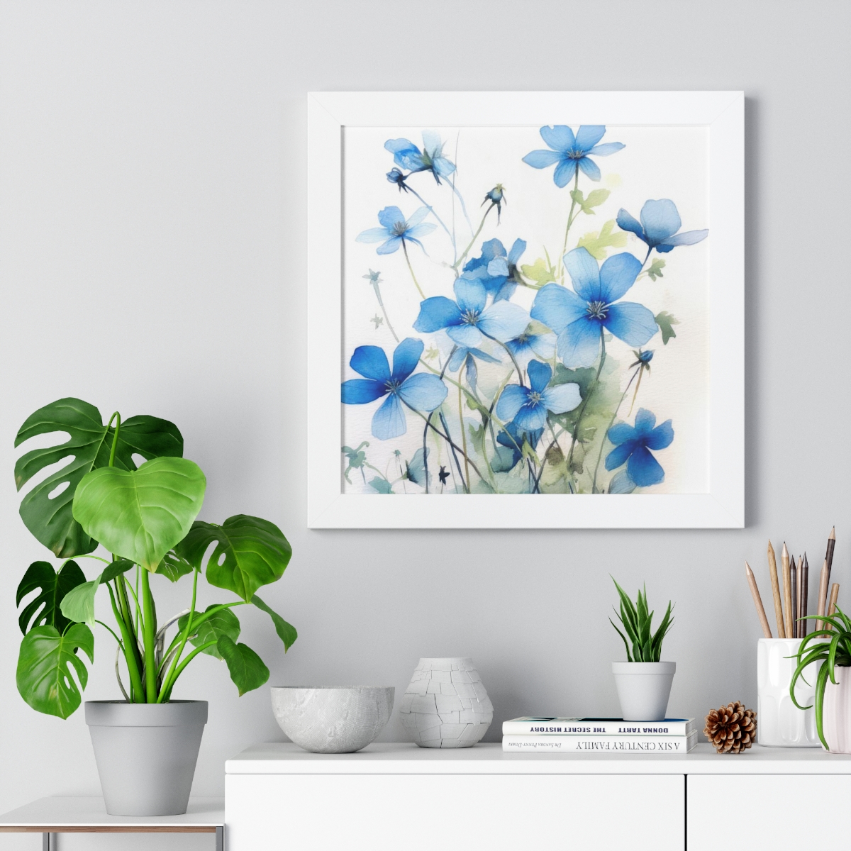 Blue Botanical Wild Flower Wall Art, Watercolor Print, Isolated | Framed Vertical Poster