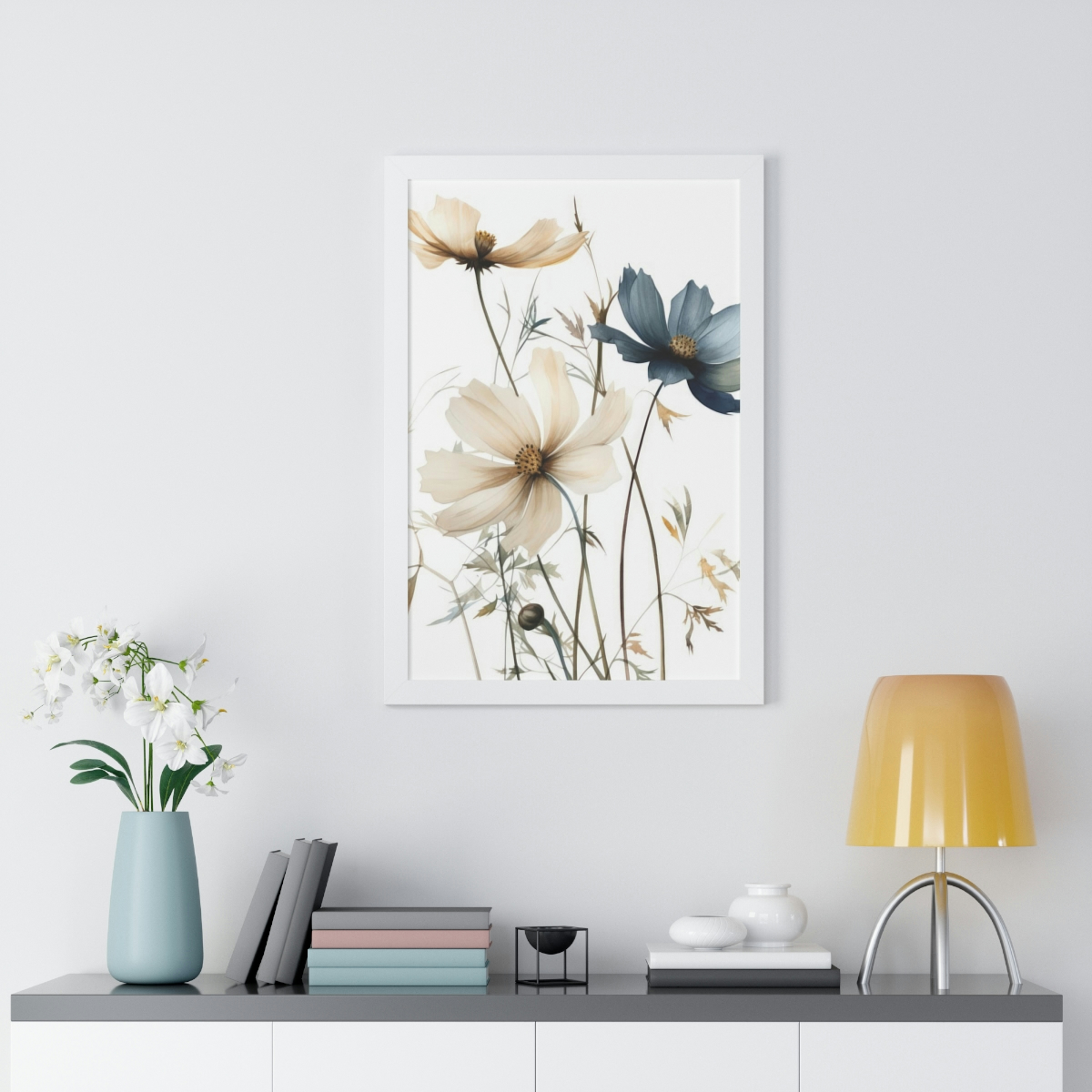 Wild Flower Framed Print | Flowermarket Watercolor Neutral Subdued Botanical Wall Art | Artful Dainty Wild Cosmos Flowers
