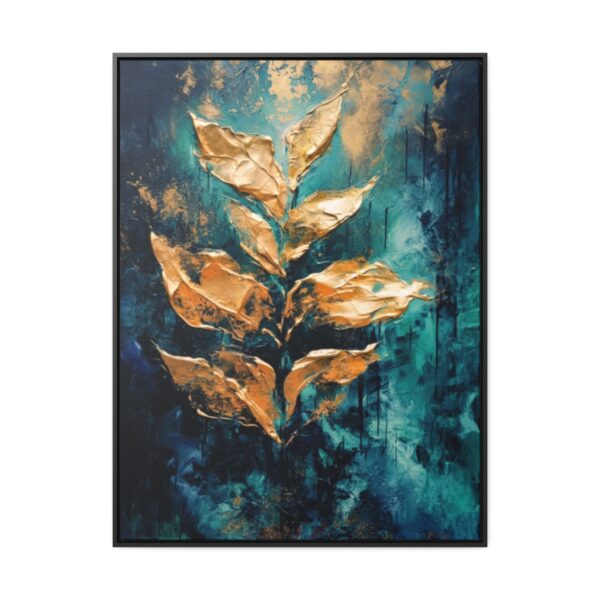 Abstract Gold Textured Leaves Print, Emerald Green Moody Botanical Style | Framed Gallery Wrapped Canvas