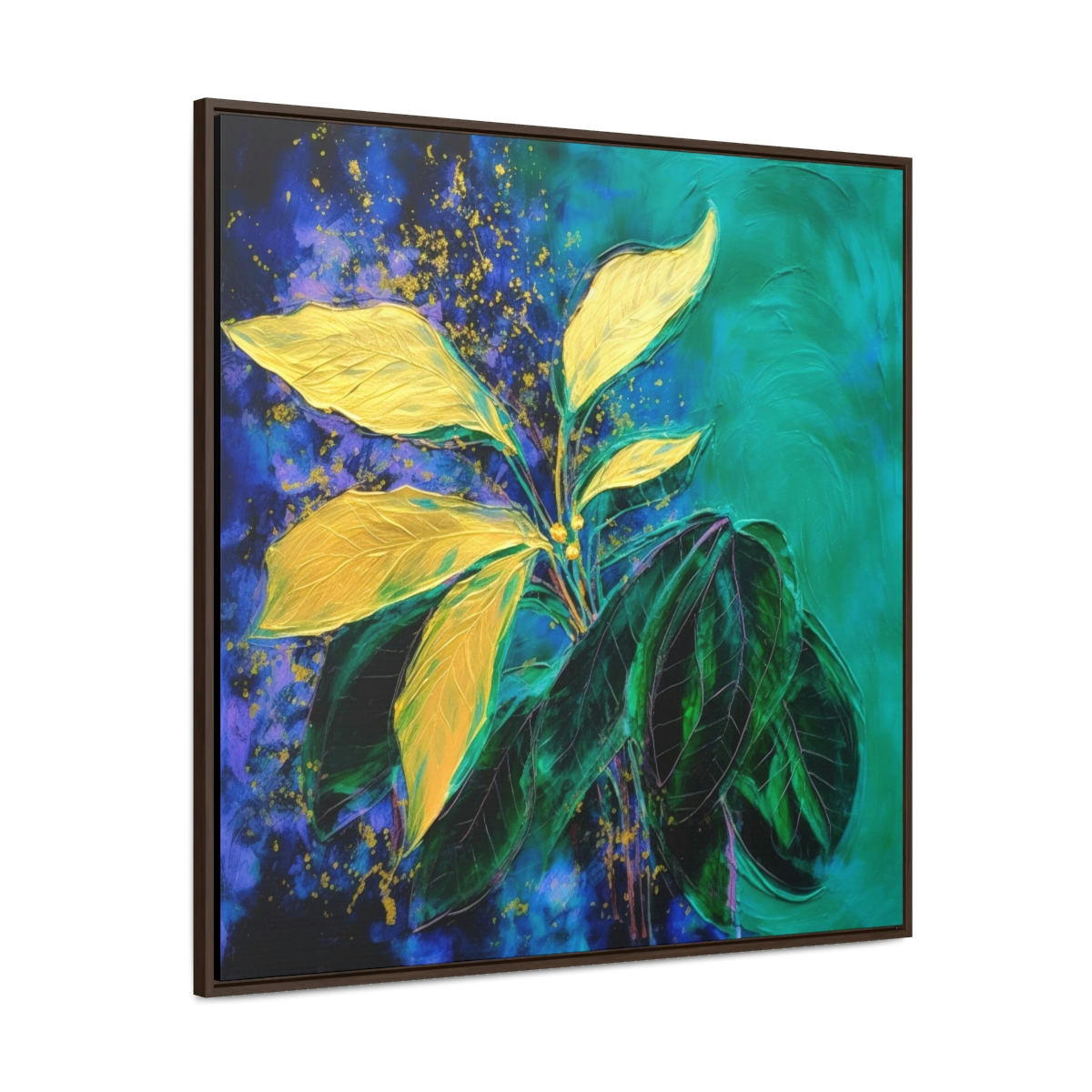 Emerald Green & Purple Abstract Botanical Painting, Heavy Acrylic Texture, Abstract Golden Leaves, Dark and Moody, Framed Gallery Canvas Wraps