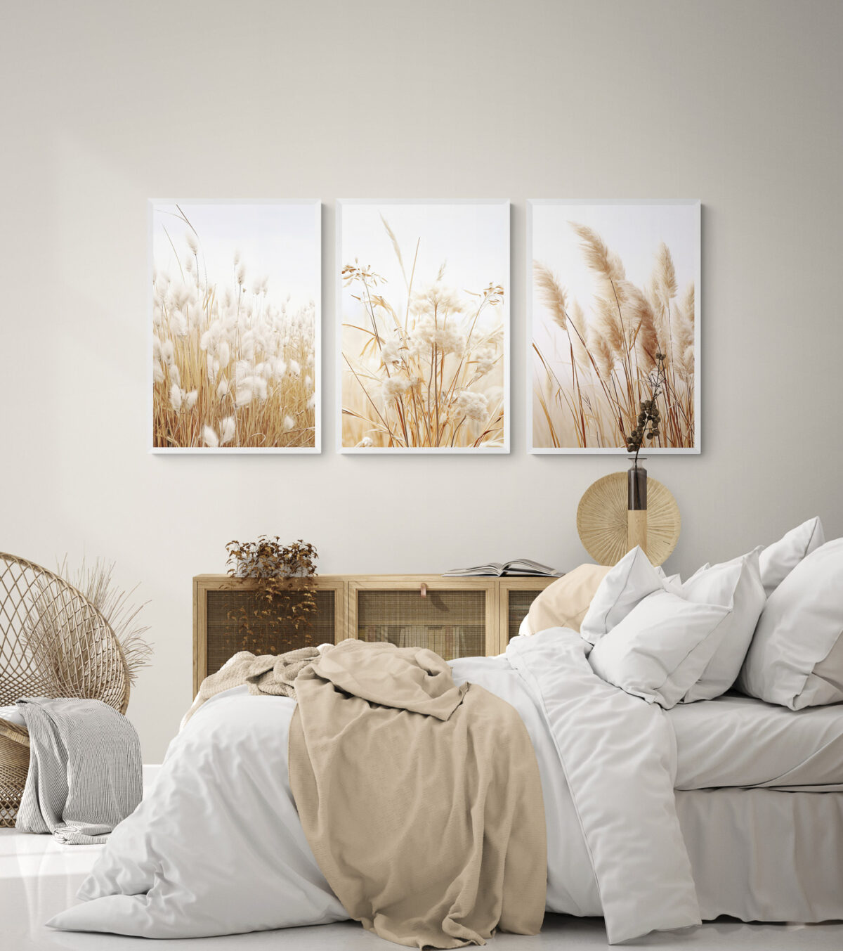 Dried Grass Wall Art, Set of 3, in a boho bedroom with natural wooden furniture