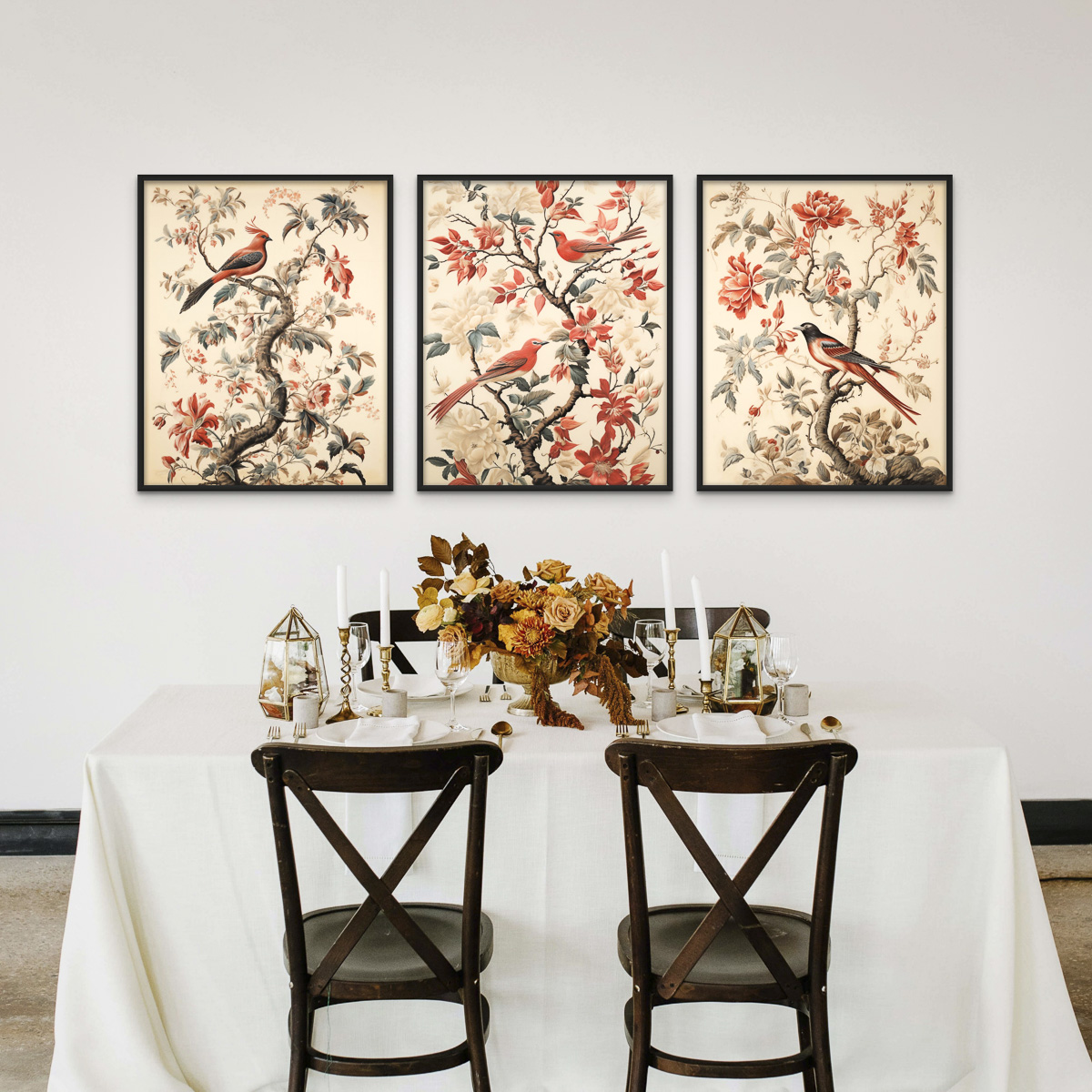 Vintage Floral Berries Wall Art Poster over a Garnished Dining Table with Fall Thanksgiving Holiday Decor
