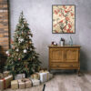 Vintage Floral Birds Wall Art Poster in a Cozy Living Room Corner With Christmas Tree and Holiday Decor