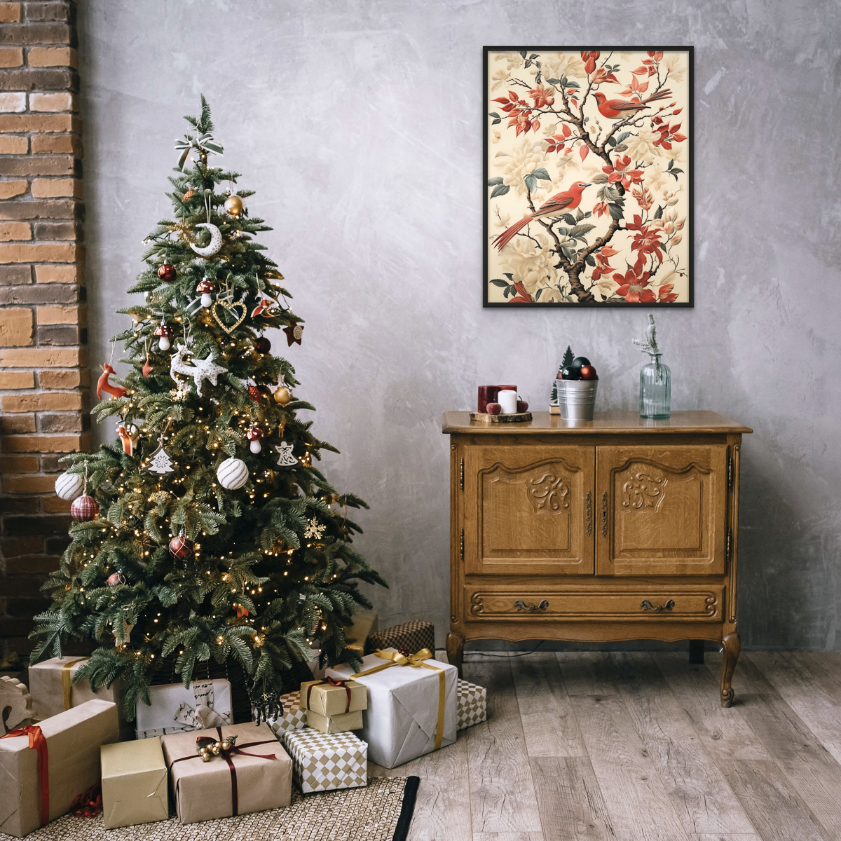 Vintage Floral Birds Wall Art Poster in a Cozy Living Room Corner With Christmas Tree and Holiday Decor