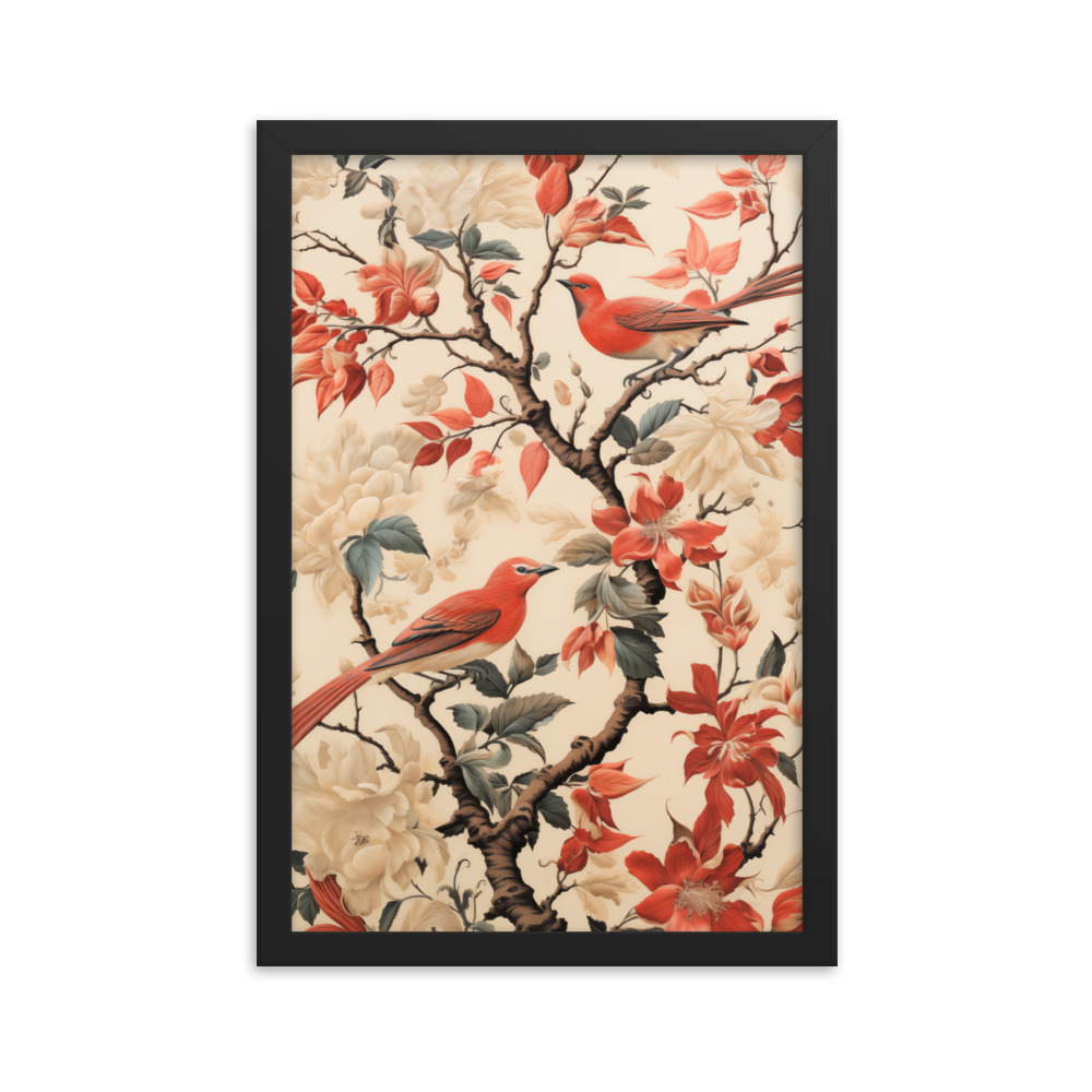 Vintage Floral Motifs with Birds 02 | Framed poster