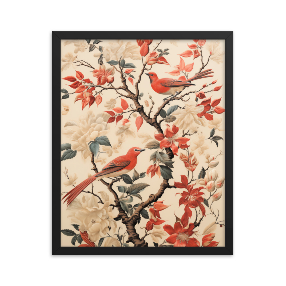 Vintage Floral Motifs with Birds 02 | Framed poster