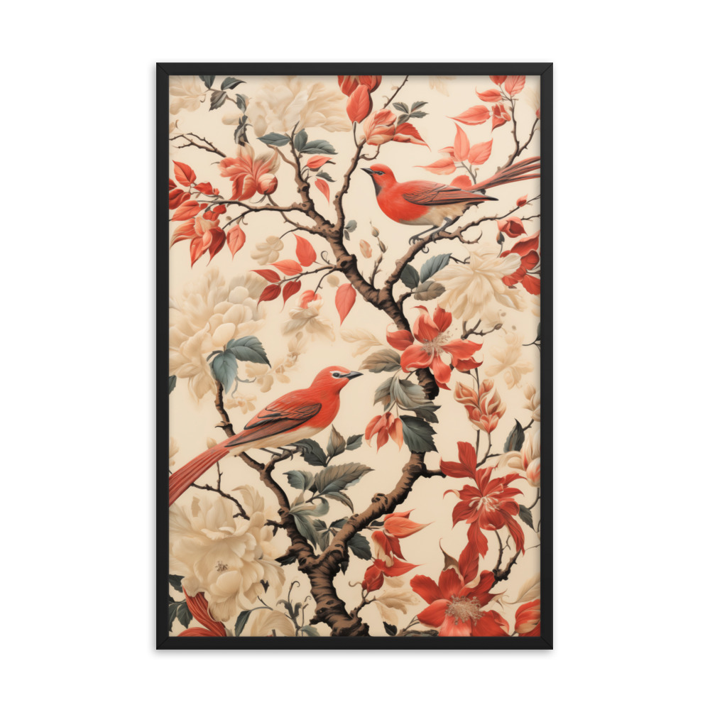 Vintage Floral Motifs with Birds 02 | Framed poster