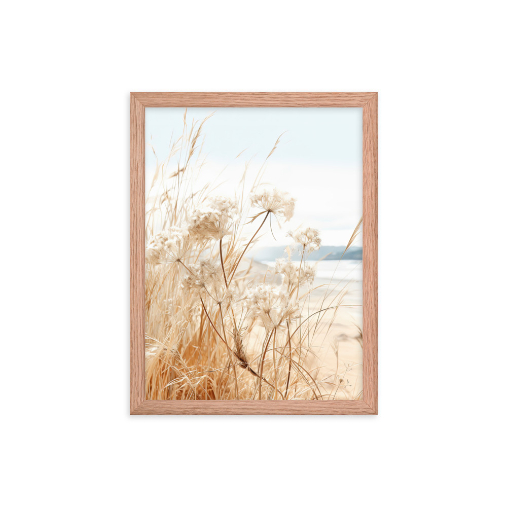 White Flowers Grass Wall Art with Seascape Background | Framed poster