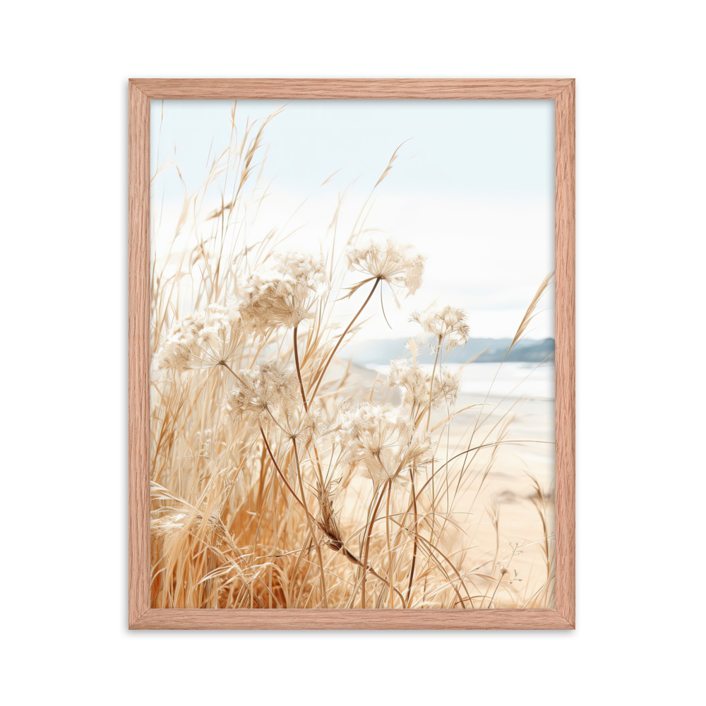 White Flowers Grass Wall Art with Seascape Background | Framed poster