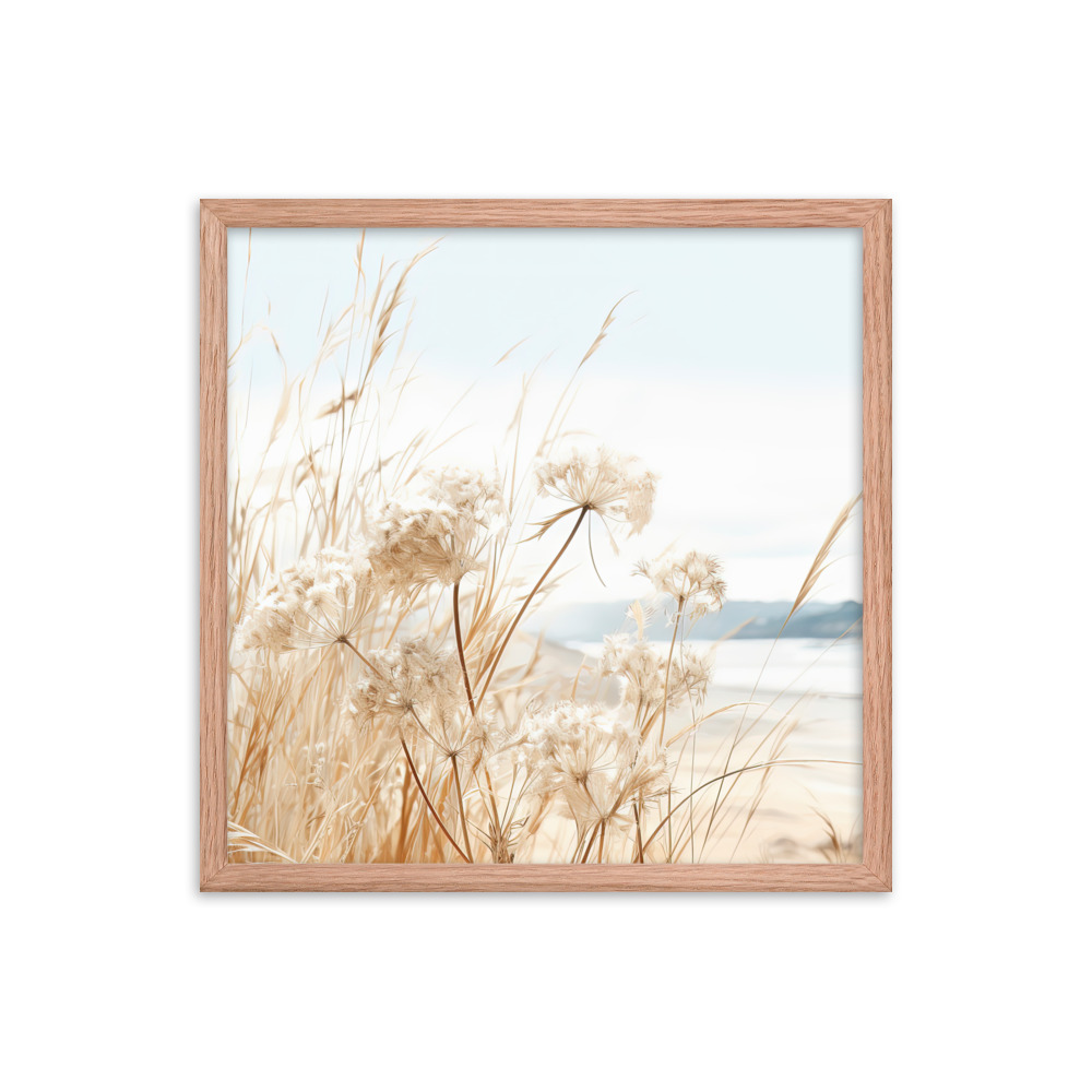 White Flowers Grass Wall Art with Seascape Background | Framed poster