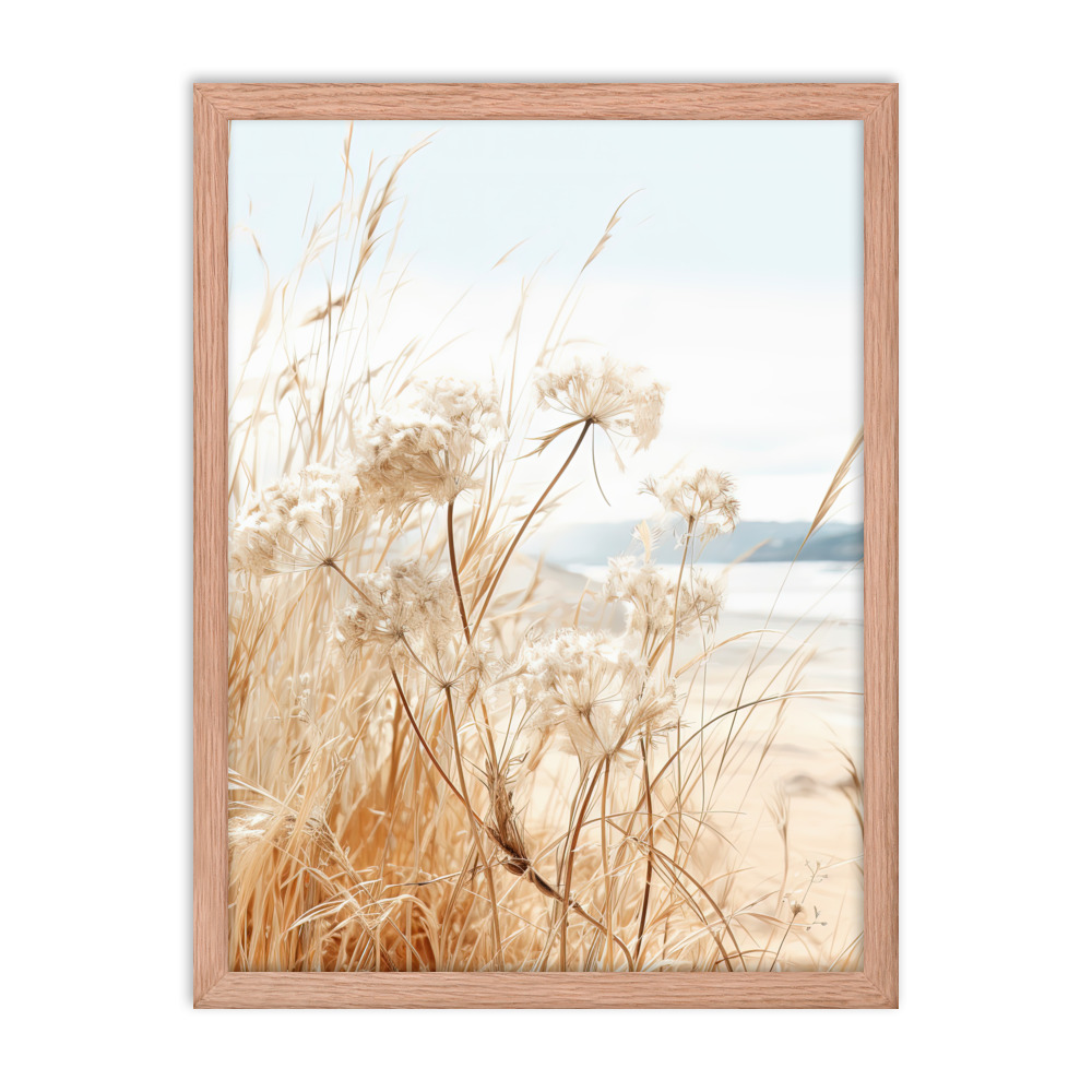 White Flowers Grass Wall Art with Seascape Background | Framed poster