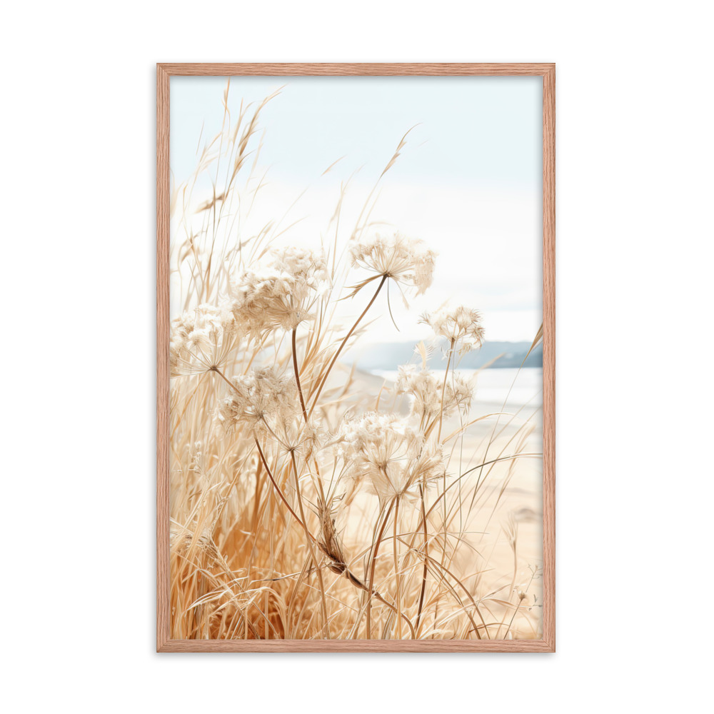 White Flowers Grass Wall Art with Seascape Background | Framed poster