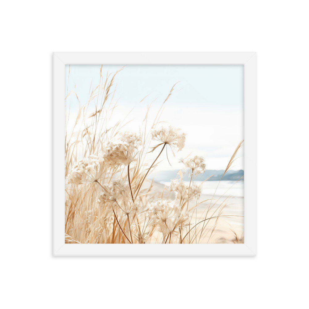 White Flowers Grass Wall Art with Seascape Background | Framed poster
