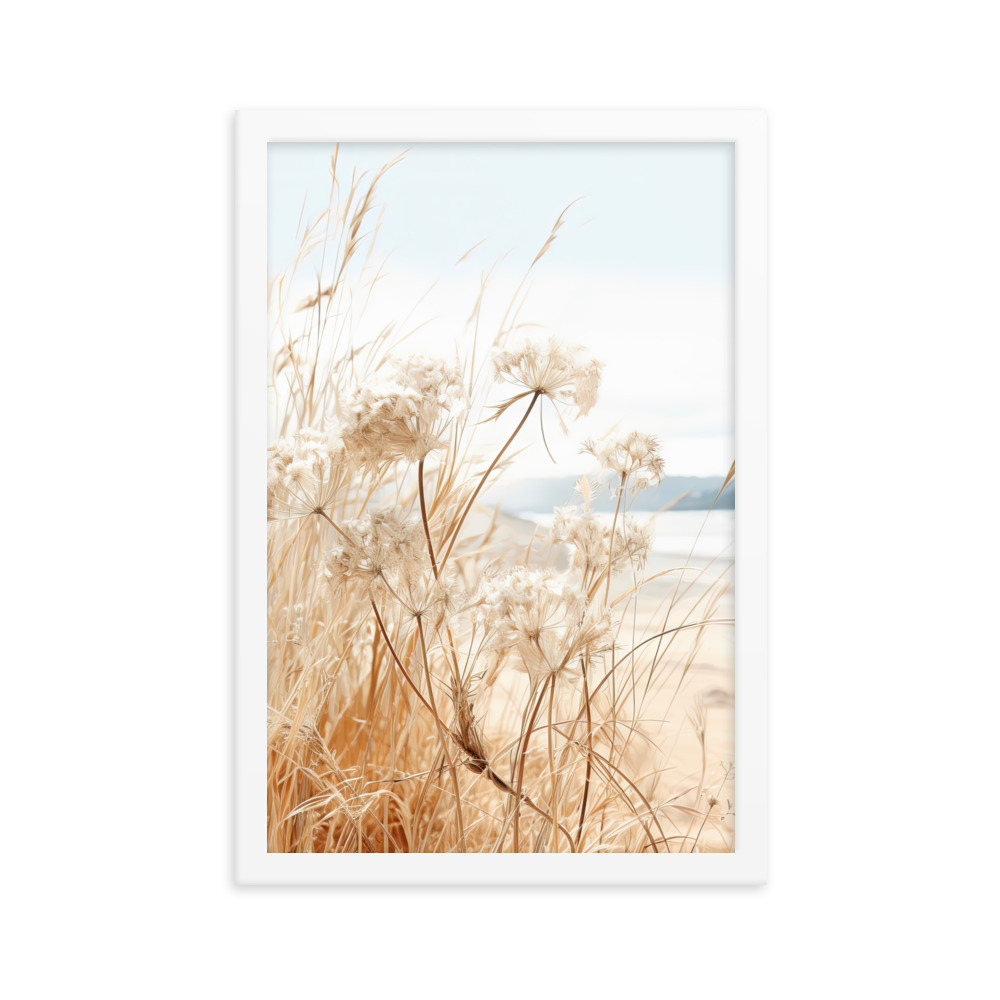 White Flowers Grass Wall Art with Seascape Background | Framed poster