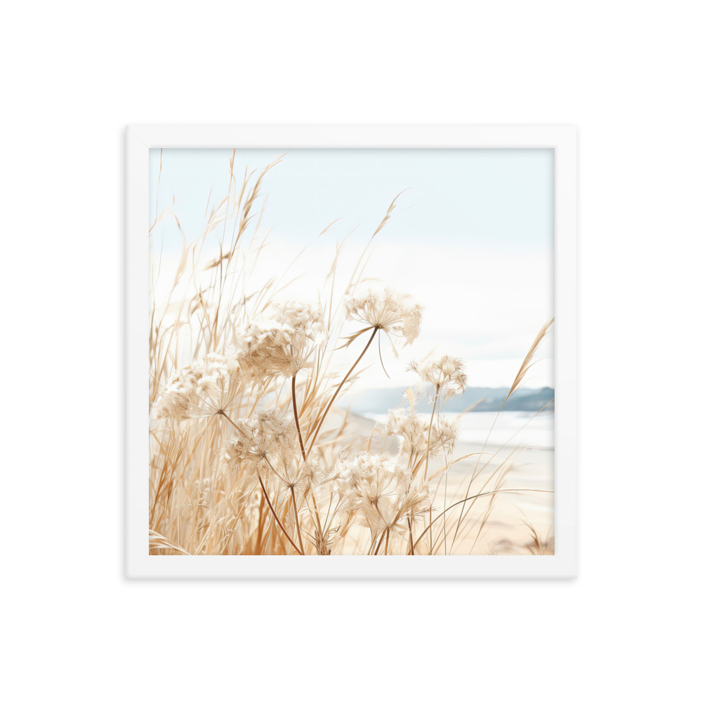 White Flowers Grass Wall Art with Seascape Background | Framed poster