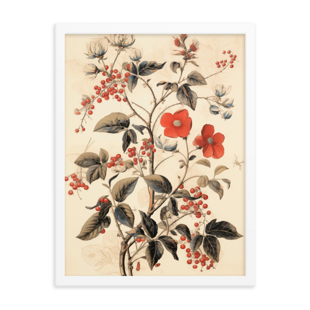 Vintage Floral Motifs with Red Berries 03 | Framed poster