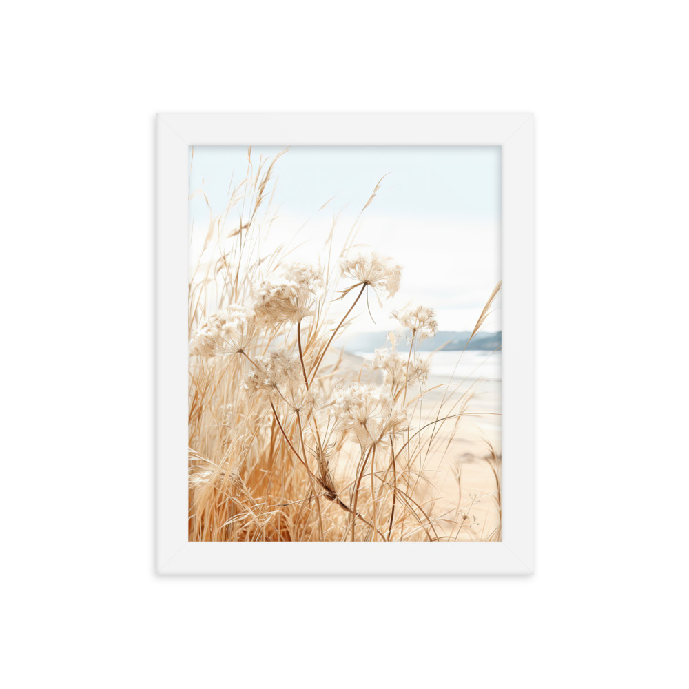 White Flowers Grass Wall Art with Seascape Background | Framed poster