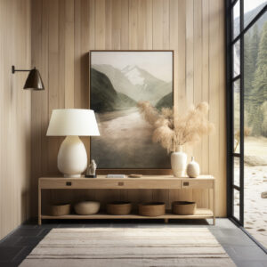 Modern organic style entryway with pampas grass and nature wall art