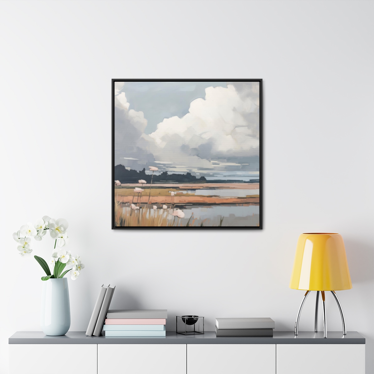 Clouds & Wildflowers Landscape Painting | Framed Gallery Wrapped Canvas