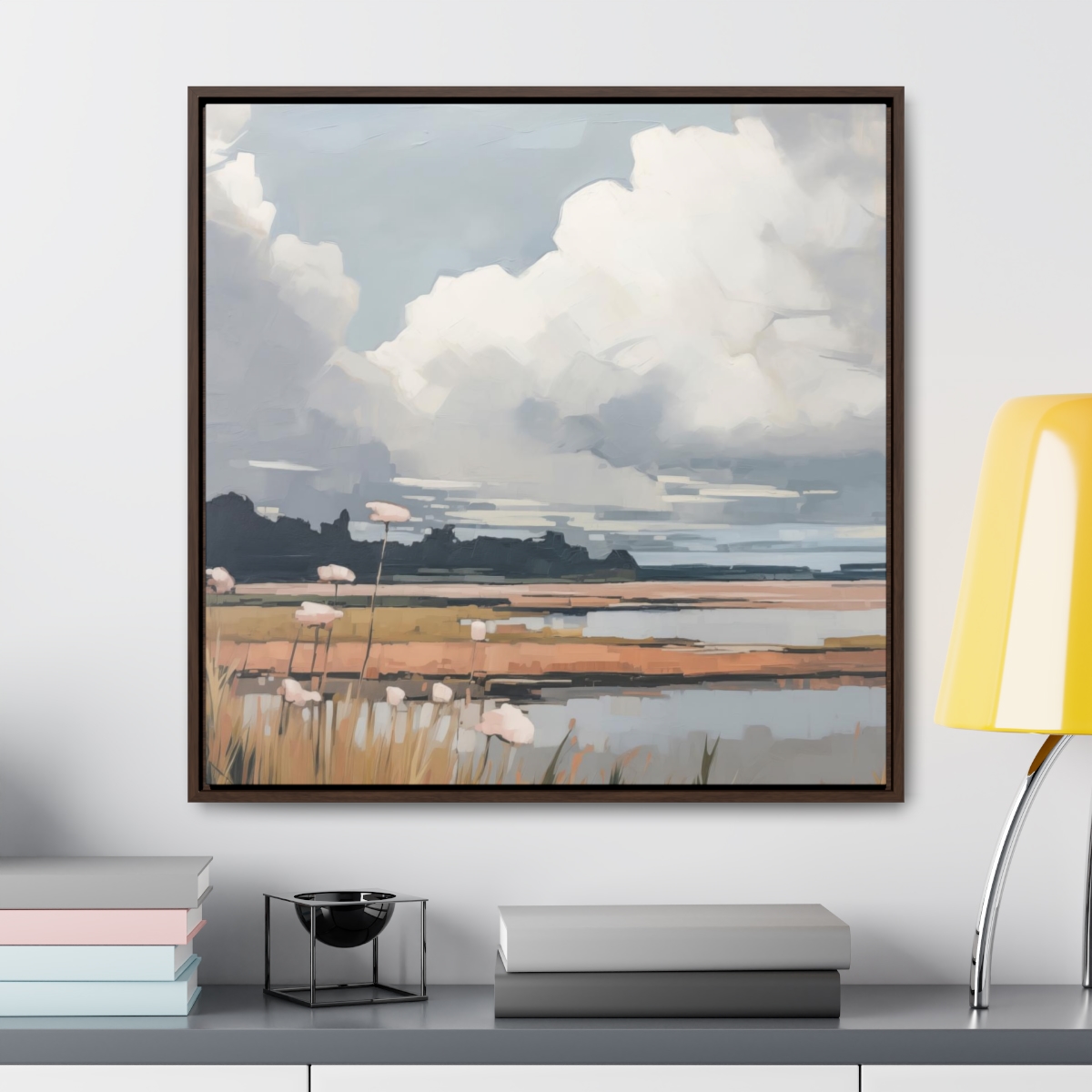 Clouds & Wildflowers Landscape Painting | Framed Gallery Wrapped Canvas