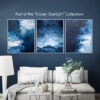 Set of 3 Framed Posters - Frozen Starlight - Night Sky and Icy Water Abstract Wall Art over a modern light sofa and marble coffee tables