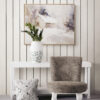 Snowy Winter Scene Purple Barn Abstract Wall Art Painting in a Farmhouse Hallway with Shiplap Wall Panel and Console Table