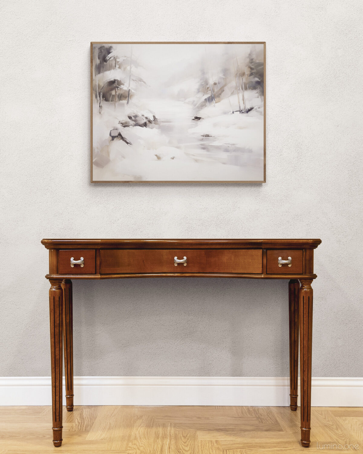 Snowy Winter Scene Purple River Abstract Wall Art Painting over an Antique Walnut Console Table