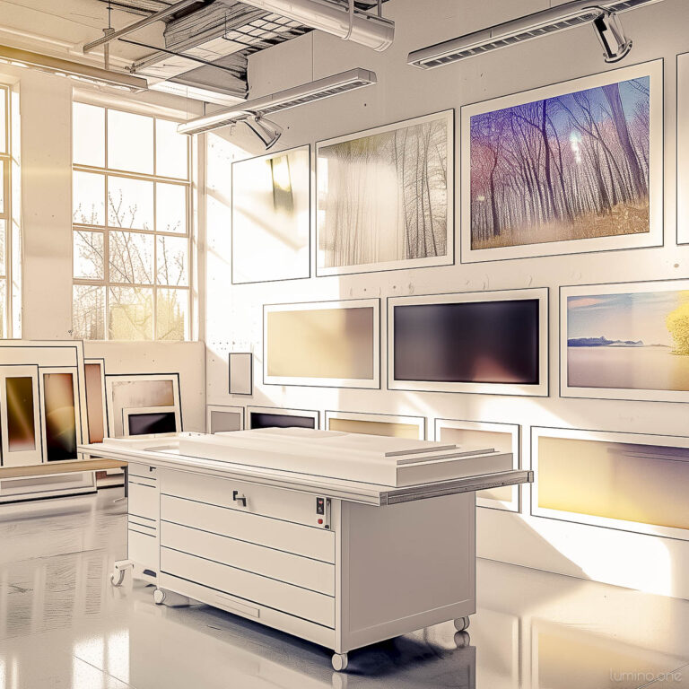 A modern print shop studio with white walls and beautiful views from a large window