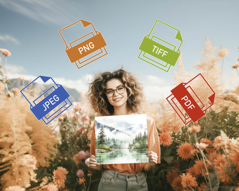 Artist Holding Landscape Artwork with File Formats JPEG PNG TIFF in a flower field