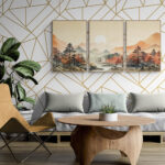 Art centered on sofa with plant on the side in a living room